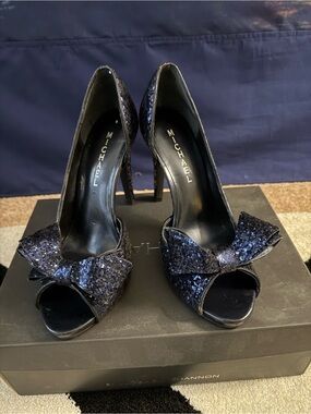 Michaels Navy Sequin Bow Peep-Toe Stiletto Pumps